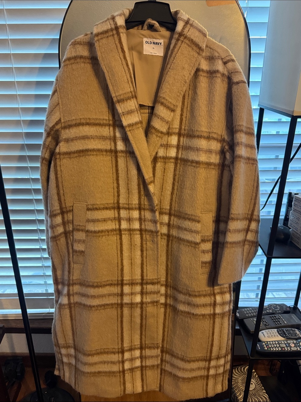 Old Navy Beige and Brown Plaid Hooded Coat